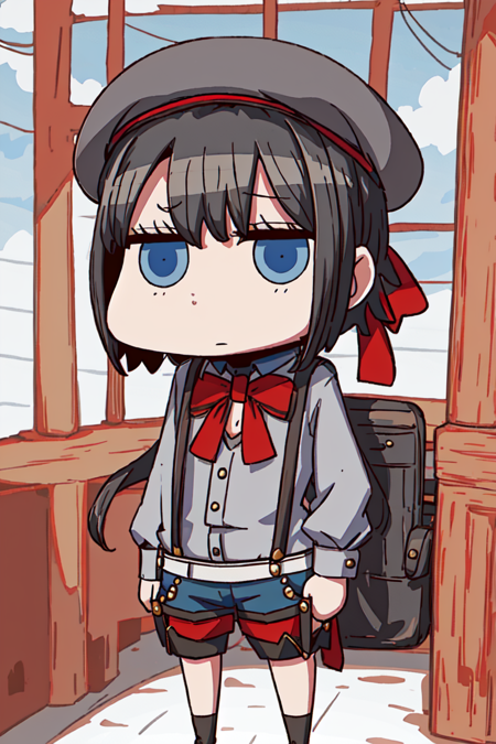 ((masterpiece, best quality)), 1girl, solo, fgoap, chibi, oozora subaru, beret, blue shorts, suspender shorts, suspenders, grey shirt, cropped shirt, pinstripe shirt, black bowtie