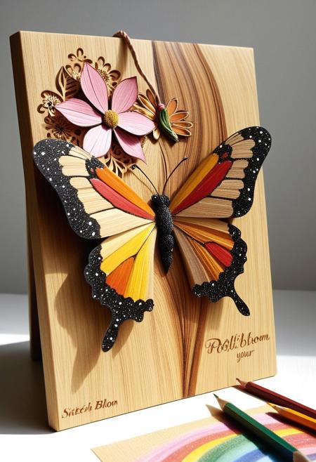 Hovering gently in a blossom’s heart, a butterfly entirely formed from tiny, glossy pencil shavings sips from a warm puddle of ink nestled inside a flower. Its wings are delicate layers of curled graphite sketches on tracing paper, semi-transparent, edged with jagged strokes of golden wood grain and fluttering in the sunlight like animated illustrations. Each leg ends in a drop of shimmering pencil lead dust, and its antennae curl like whimsical eraser smudges. Twisting ribbons of coiled shavings wrap around the bloom, while nearby leaves glisten with droplets of watercolor and pastel pigment. A small wooden sign hangs above the flower, engraved with: “Sketch & Bloom – Pollinate Your Imagination.”