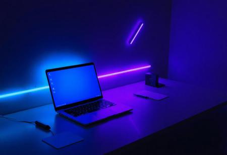 Minimalist cyberpunk workspace: a clean desk with a sleek laptop glowing softly with neon blue light, a single LED strip casting subtle purple hues, sparse notes neatly arranged, dark background, futuristic yet simple.