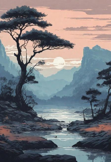 epic landscape, animation style, vectoring, high detailed, ink painting, melancholy colour palette, muted pale light faded colors, a complex composition,