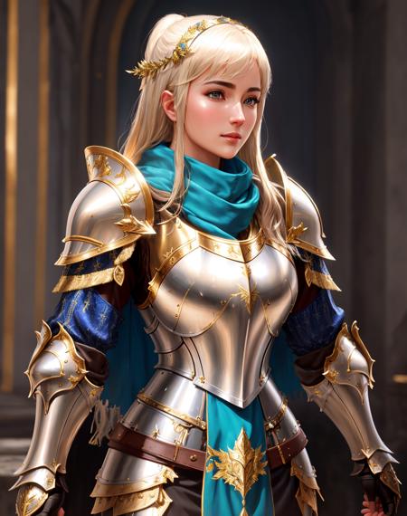 Masterpiece, absurdres, fine detail, HDR,highly detailed armor with gold plating, shiny armor, photorealistic,<lora:PLD_amor:0.75>,PLD_armor, a female knight in armor, wearing PLD_armor, blue scarf