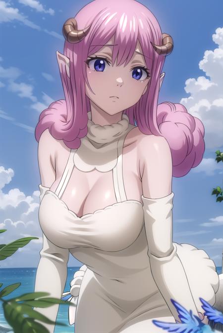 fairytailaries, <lora:aries s7-lora-nochekaiser:1>,
aries, long hair, pink hair, horns, sheep horns, (purple eyes:1.1),
BREAK cleavage, pantyhose, dress, white dress, detached sleeves, 
BREAK outdoors, nature, forest, sky, clouds, sun,
BREAK looking at viewer, (cowboy shot:1.5),
BREAK <lyco:GoodHands-beta2:1>, (masterpiece:1.2), best quality, high resolution, unity 8k wallpaper, (illustration:0.8), (beautiful detailed eyes:1.6), extremely detailed face, perfect lighting, extremely detailed CG, (perfect hands, perfect anatomy),