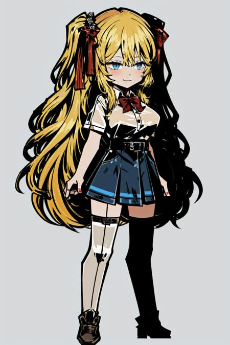 <lora:LimbusCompany-fight:1>, 1girl, akai haato, long hair, heart, virtual youtuber, solo, blonde hair, thighhighs, ribbon, thigh strap, skirt, breasts, hair ornament, very long hair, shirt, black thighhighs, full body, simple background, blue skirt, red ribbon, heart hair ornament, looking at viewer, white background, shoes, hair ribbon, zettai ryouiki, white shirt, standing, one side up, short sleeves, high-waist skirt, smile, bangs, blush, nail polish, loafers, large breasts, brown footwear, red nails, closed mouth, blue eyes, neck ribbon, collared shirt, aqua eyes, skindentation, belt, twintails, hair between eyes, miniskirt, bowtie, medium breasts