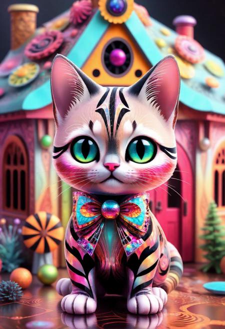 A cute cartoon cat wearing a large bow, standing in front of a candy house. made out of fractangles, PG rating, sfw,