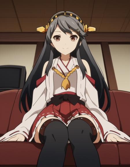 haruna, long hair, black hair, hair ornament, brown eyes, hairband, hairclip, haruna (kancolle), medium breasts skirt, thighhighs, bare shoulders, detached sleeves, japanese clothes, headgear, nontraditional miko,