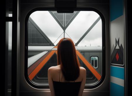 three cornered window, back of head shot of (woman looking out of triangle window:1.1), 3rd person, Looking out the triangular window of a (train:1.1) with triangular windows, triangular windows and triangular, wheels,  in a fantasy world, 
psychedelic, geometric, vivid light, high contrast, triadic colors, dark shadows,  explosions, nuclear mushroom cloud, nuclear explosion, dystopian nightmare, 
(beautiful composition),
21 yo woman,