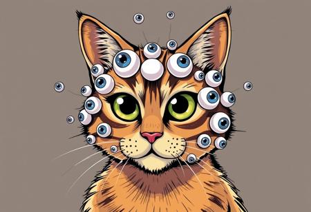 comic book art style, cat with eyeballs all over its entire body