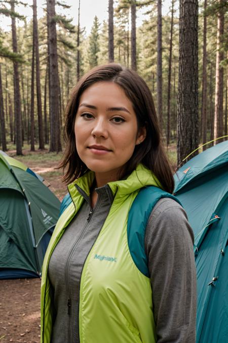 RAW photo of megboone,Vest at Outdoor Camping, (high detailed skin:1.2), 8k uhd, dslr, soft lighting, high quality, film grain, Fujifilm XT3,  <lora:megboone:1>