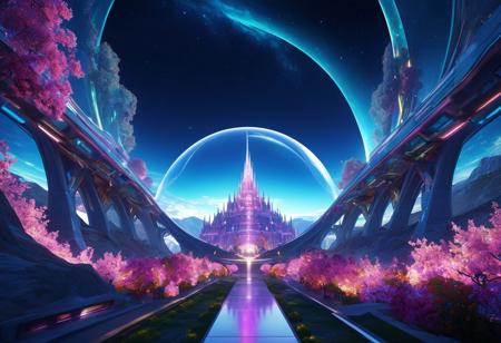 (masterpiece:1.5), unreal 8k wallpaper, unity 8k wallpaper, score 9, score 8 up, score 7 up, masterpiece_portrait, extreme quality, reflection, surface reflection, dynamic lighting, Cinematic style, cinematic quality, ((no humans, no people)), photorealistic, realistic, a spectrum of iridescent colors, precise, fractal design, flowing curves, precision, colorful, fractal geometry, harmonic interference, digital illustration, photo manipulation, altered realities, fantastical scenes, digital artistry, striking visuals, sharp focus, detailed background, light reflection, futuristic and fantasy of boundless opportunities and architecture, an enormous glass dome city built into the sides of a mountain, with magnificent trees flowers streets and magnificent houses, the architecture has no bounds, it is futuristic and extreme of science fantasy, there are many of these cities built on the side of this magnificent mountain blending futuristic architecture with the boundless beauty of nature, elegant beauty, night, starry sky, moonlight,