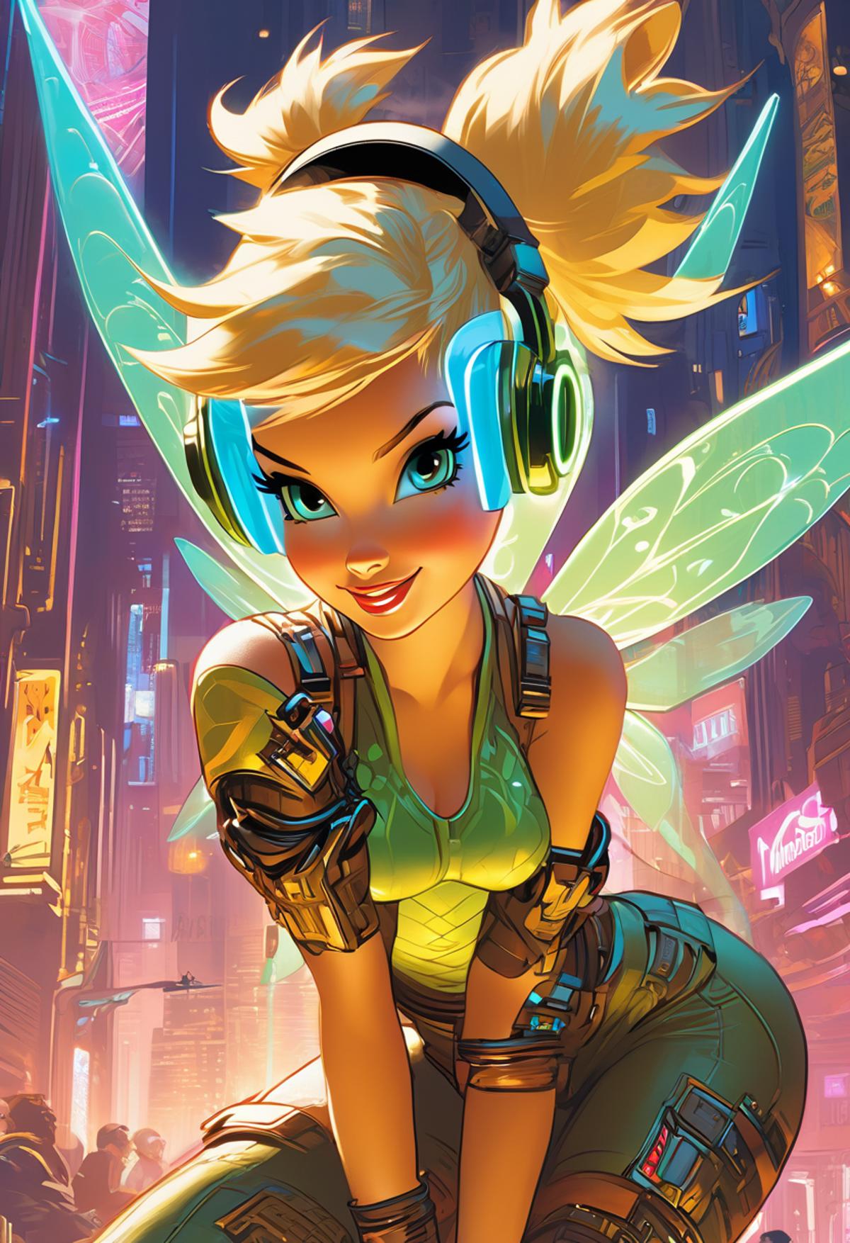 A cartoon illustration of a girl wearing a green shirt and headphones, with a green fairy-like appearance.