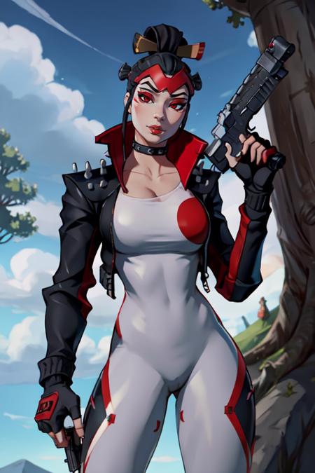 masterpiece,best quality,extreme detail,8k,<lora:Takara-10:0.8>,takarafn, 1girl, solo, breasts, black hair, red eyes, gloves, holding, medium breasts, jacket, weapon, outdoors, sky, choker, day, black gloves, fingerless gloves, holding weapon, blurry, collar, tree, blue sky, black jacket, gun, bodysuit, makeup, blurry background, holding gun, spikes, handgun, eyeshadow, cropped jacket, revolver, finger on trigger