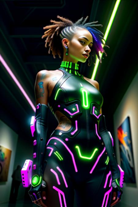 A photo of a visionary cyberpunk artist female, adorned with avant-garde cybernetic body modifications and glowing bio-luminescent tattoos. She stands in a futuristic art gallery, surrounded by abstract digital installations and interactive holographic displays. The lighting is a vibrant mix of neon hues, creating an immersive and surreal atmosphere. The camera is positioned at a creative angle, capturing her artistic expression and the fusion of technology and creativity.
<lora:CyberPunk4:0.4>