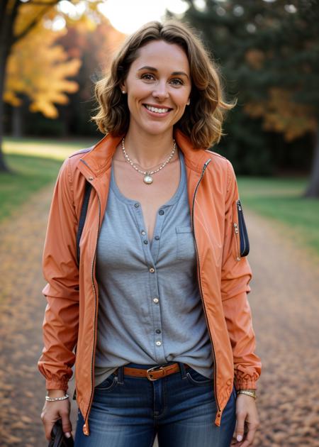 <carme_chac_n_piqueras>carme, nature, shirt, jewelry, jacket, upper body, teeth, necklace, bag, grin, blurry, depth of field, blurry background, watch, realistic, orange jacket, smile