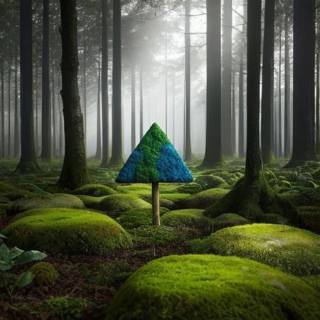 A hyper-realistic painting featuring a three-dimensional blue triangle with human eyes and a mouth, clearly expressing an emotion such as sadness or joy. The triangle should have realistic textures and lighting, making it appear as part of the physical world. It is set in a lush, vibrant forest at dawn, with sunlight filtering through dense foliage, illuminating the moss-covered ground and small wildflowers. Birds and woodland creatures add life to the serene setting. The triangle should blend seamlessly into the environment despite its surreal form, creating a striking contrast between the natural beauty of the forest and the lifelike, anthropomorphic triangle