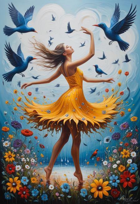 masterpiece, best quality, good quality, very aesthetic, absurdres, newest,1girl, surrealism, melting, oil painting, abstract, flowers, birds, summer, dancing in a flower, giant birds,