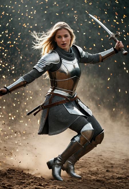 Prompt masterpiece, score_9, score_8_up, score_7_up, score_6_up, score_5_up, woman (25 years old) DSLR photo, realistic photography, solo, An action shot of a female knight mid-swing in battle, dust and sparks in the air, dramatic motion blur, highly detailed armor.no helmet, long blonde waving hair, blue eyes, The lighting is soft and warm, creating a dreamy atmosphere. full body shot, ((from head to feet:1.3)),