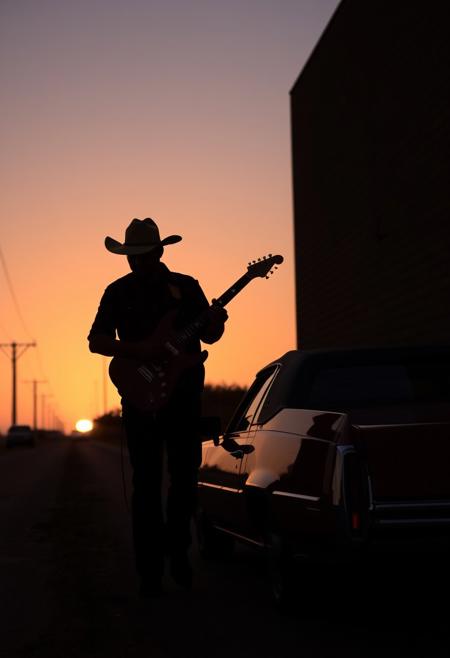 A silhouetted musician stands against a brick wall at sunset, wearing a large cowboy hat and holding a red electric guitar. The scene captures a rural road with Cadillac car parked next to him, flanked by power lines. The soft hues of the setting sun blend into the background, creating a dramatic ambiance.