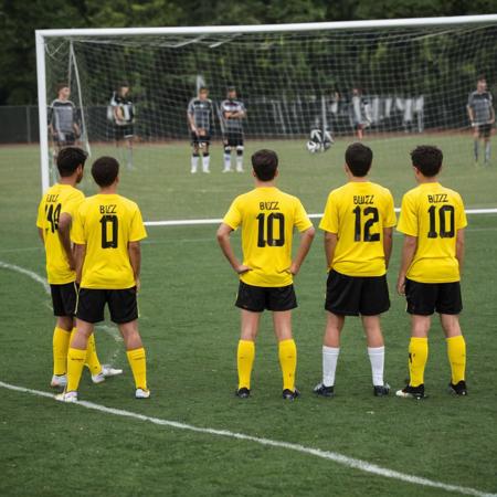 This is a photograph of a soccer team practicing on a grass field.  The background shows a large digital screen displaying "BUZZ CUP" and a black, open-sided trailer labeled "Buzz."  Five players, all of whom are wearing bright yellow jerseys and black shorts with yellow accents, stand in a line facing forward. The players appear focused, with some blurred in the foreground. The atmosphere is professional, with a clear emphasis on teamwork and preparation.