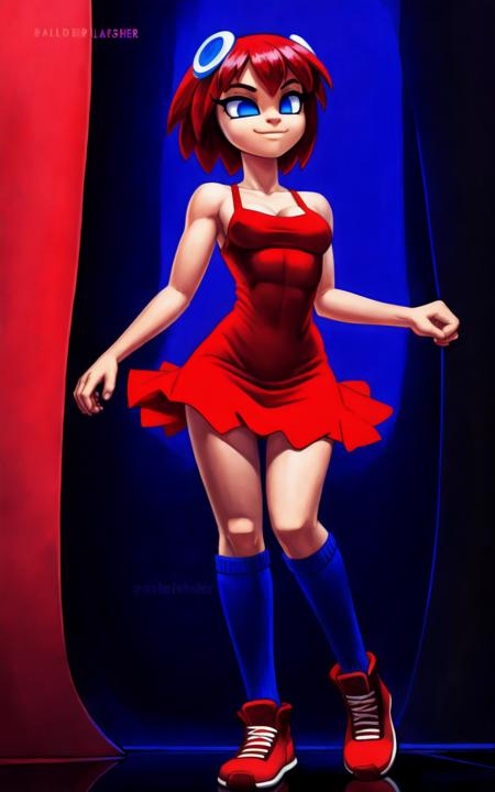 8k.4k,((Best quality, masterpiece, ultra high resolution)),((full body)),standing, by pixelsketcher:0.5,   <lora:Blinky:1.1>,dress, blue eyes,red hair, red dress, short hair,breasts,short dress,shoes,  red footwear, cleavage, sleeveless dress,socks,(blue socks),human,hair ornament,neon lights,solo,smile,blue panties,upskirt