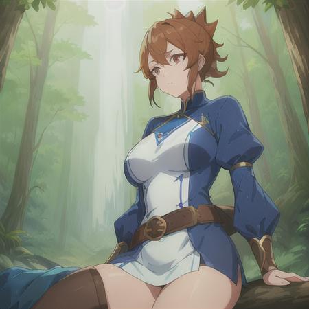 a woman, forest, blue sleeves and white outfit,very short ponytail, brown belt, standing <lora:marc1:0.7>, perfect resolution, illustration, dota dragon's blood style