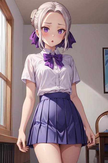 1girl,purple bow,hair bun,purple eyes,grey hair,hair bow,short hair,sidelocks