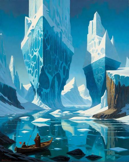 surrealist art Impressionism, ethereal fantasy concept art of  dark photosynthesis -vampiric botany hunger, [Art painting by Craig Mullins and Donato Giancola and Scott Robertson, featured on Shepard Fairey,], (Landscape:1.5),landscape creator,Arctic fjord with drifting icebergs , vast expanse of open ocean stretching to the horizon, clear blue skies above and deep blue waters below , cursed treasure vaults protected by possession-inducing portrait galleries where ghostly auditors play blood-price riddle games for escape routes,
 <lora:Philippe Druillet Style:0.7> Philippe Druillet Style,
<lora:extremely_detailed:0.3> extremely detailed ,
<lora:add-detail-xl:1>, 
<lora:greg_rutkowski_xl_2:0.3> greg rutkowski,, magnificent, celestial, ethereal, painterly, epic, majestic, magical, fantasy art, cover art, dreamy, painterly, small brushstrokes, visible brushstrokes, impressionistic style . dreamlike, mysterious, provocative, symbolic, intricate, detailed