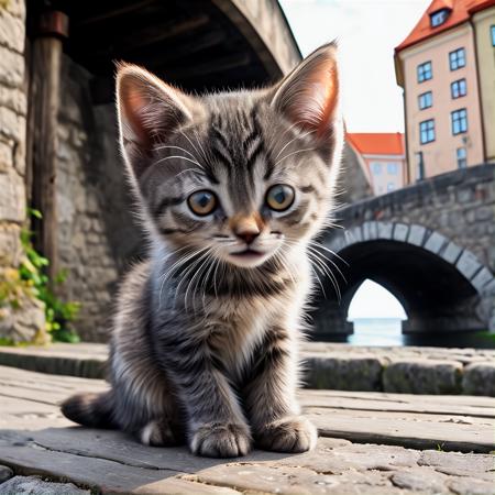 comics illustration of a striped gray kitten sits  under the bridge,  <lora:Jussi_the_neural_cat-000006:0.93>, (jussi:0.9), high resolution, 4k, UHD, masterpiece,  view of old tallinn town beside bridge, vibrant colors