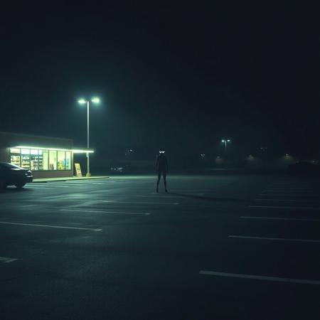A dimly lit supermarket parking lot at night, silent and empty. The flickering neon lights cast long, distorted shadows on the cracked asphalt. In the farthest corner, a figure stands in the darkness.
It is tall, unnaturally thin, its elongated limbs barely distinguishable from the shadows. Its glowing white eyes pierce through the dark, locked onto you. A wide, jagged grin stretches across its face, too large, too sharp—unnatural.
It doesn’t move. Yet every time you blink, it feels closer.
It is watching. It is waiting.
And no matter where you go, it will always be there.