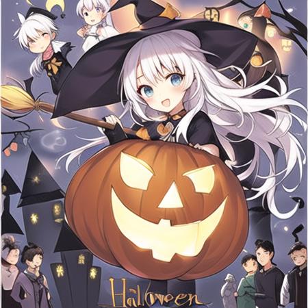 Halloween , materpiece. high quality,1girl, 6+boys, , witch hat, white hair, long hair, lantern, hat, candle, witch hat, high detailed<lora:halloween:0.7>