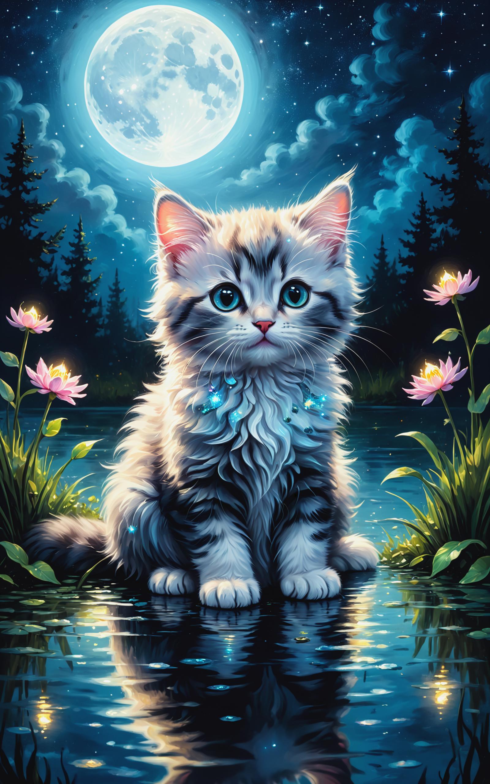 A kitten sitting by a pond at night with a full moon above.