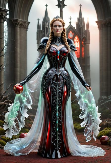 murano_glass_style, Realism_Quality_2xx_By_Stable_Yogi, (cathedral:2), indoors, standing, 1woman, solo, long hair, black choker, eyeliner, gorgeous lips, covered breasts, cinematic, best quality, ultra-detailed, very aesthetic, (natural eyes:1.4), freckles, aloof, (masterpiece:1.1), small waist, fitness body, wide hips, 32 years old, golden blond hair, censored, (big stained glass windows:1.4), (Victorian dress:2), high end closure, Evil Queen, cinemascope, moody, epic, gorgeous, film grain, (holding glowing red apple:2.4), (red ground fog:2), natural hands, red elbow gloves, knee boots, dramatic , sunset, (red sky:1.6), window, ritual magic, freyja, auburn hair, braided hair, magic, forest, Viking queen, mythic beauty, feathered cloak, fur, armor, robe, braid, rune jewelry, photorealistic, cinematic, flowers, jewelry, photorealism, cinematic lighting, high fantasy, mythic portraiture, soft background, northern folklore aesthetic, (fully dressed:2), trained,