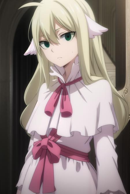 mavis, <lora:mavisv2-lora-nochekaiser:1>, 
mavis, long hair, blonde hair, (green eyes:1.5), ahoge, wavy hair, animal ears,
BREAK dress, white dress, collar, ribbon, red ribbon, capelet, long sleeves, 
BREAK looking at viewer, 
BREAK indoors,
BREAK <lyco:GoodHands-beta2:1>, (masterpiece:1.2), best quality, high resolution, unity 8k wallpaper, (illustration:0.8), (beautiful detailed eyes:1.6), extremely detailed face, perfect lighting, extremely detailed CG, (perfect hands, perfect anatomy),