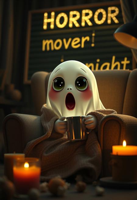 cute adorable, ghost-like creature with large, expressive eyes that capture a sense of wonder and curiosity. The creature's should be soft and illuminated , with shades of white that blend seamlessly with its dark surroundings. stunning cozy evening scene featuring a cute ghost character wrapped in a blanket, it's jaw hanging open, eyes huge, surprised expression on its face, sitting on a comfortable armchair, holding a mug, with scattered popcorn around and candles providing warm light, Behind it there are glowing letters on a sign board that say "Horror movie night", moody, grainy, noisy, concept art, by Alberto Seveso, Cyril Rolando, Dan Mumford, Meaningful Visual Art, Detailed Painting, Digital Illustration, Unreal Engine 5, 32k maximalist, hyperdetailed fantasy art, 3d