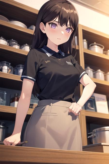 <lora:NotNiki-07:0.7 >,takimygo, 1girl, solo, long hair, brown hair, shirt, purple eyes, upper body, short sleeves, indoors, uniform, black shirt, shelf, employee uniform, polo shirt