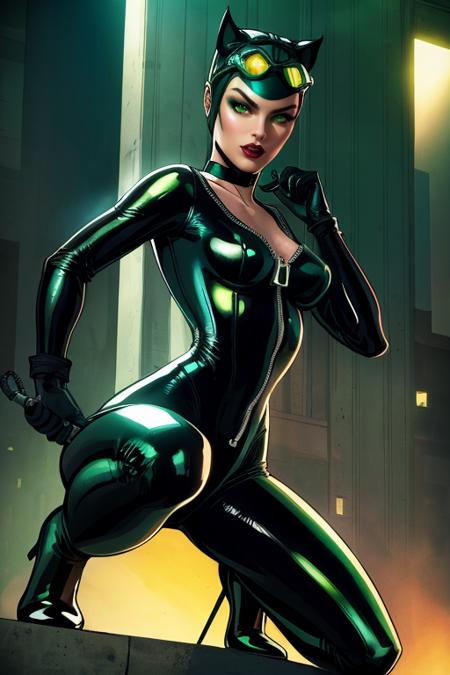 catwoman, bodysuit, goggles on head, gloves, choker, unzipped, green eyes