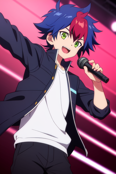 light tenryuu,1boy,solo,male focus,blue hair,red hair,green eyes,beatiful eyes,smile,background stage,(white shirt),black jacket,microphone,singing,open mouth,