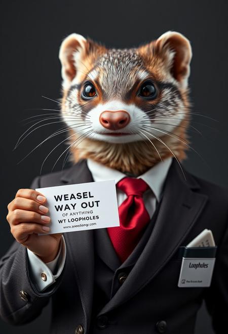 "Create a hyper-realistic image of a dapper weasel lawyer, resplendent in a tailored suit and holding a business card with a confident smile. The nametag on his lapel reads 'Loopholes', and the business card in his paw is emblazoned with the slogan 'Weasel Your Way Out Of Anything With Loopholes'. The card is held up at a slight angle, allowing the viewer to read the text clearly. The weasel's eyes are bright and cunning, and his whiskers are perfectly groomed. The overall effect is one of sly, sophisticated charm, as if Loopholes is the ultimate expert in finding creative solutions to even the most intractable problems." highest-Quality, 8 k, intricate details, visually stunning, Masterpiece