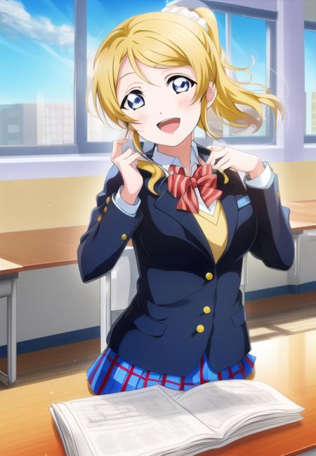 eli_ayase, <lora:eli_v1:0.9>, blue_eyes,  (yello hair:1.2), masterpiece, best quality, 1girl, :d, arms_up, black_legwear, bulletin_board, chair, chalkboard, classroom, desk, eraser, indoors, kneehighs, looking_at_viewer, neckerchief, on_desk, open_mouth, pencil_case, pleated_skirt, red_neckerchief, school, school_chair, school_desk, school_uniform, serafuku, short_sleeves, sitting, sitting_on_desk, skirt, solo