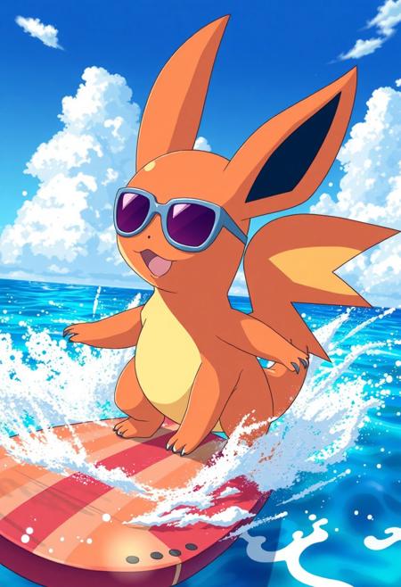 masterpiece, best quality, anime screencap, solo,   zzCharmeleon, surfing, ocean, sunglasses,     ,<lora:CharmeleonPokedex_IXL_v1:1.0>,