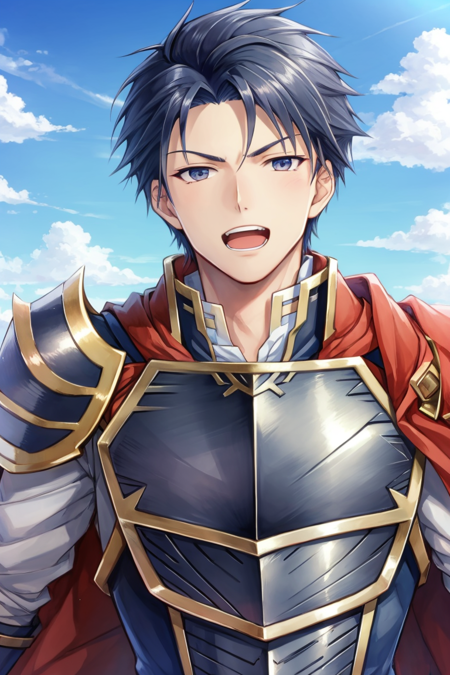 <lora:Hector_FE-10:0.9> hector fe, ultra high quality cg, solo, looking at viewer, open mouth, gloves, 1boy, upper body, male focus, sky, cloud, cape, armor