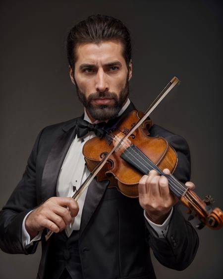 (playing violin)  cinematic side portrait of (gigachad) man wearing black tuxedo <lora:Gigachadv1:.65> <lora:violin_v15:.55>