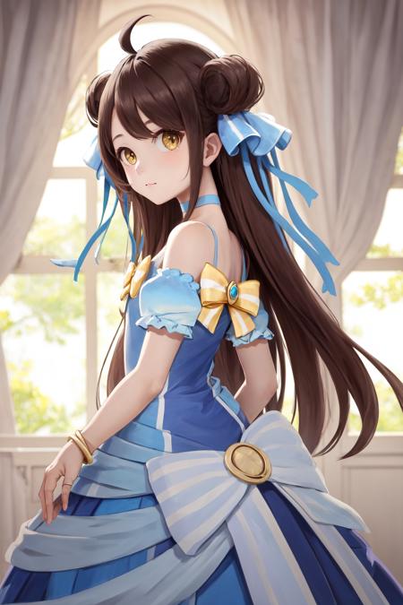 masterpiece, best quality, highres, 1girl ahoge, choker bow blue dress bare shoulders detached sleeves jewelry bracelet <lora:falanya:1> from side, looking at viewer