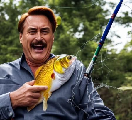 movie still of mikelindell person hurting himself while fishing, the fishing line is caught in his clothing. ((upset facial expression)), caught in fishing wire. holding a goldfish,. ((Pillow on the end of fishing rod for bait))