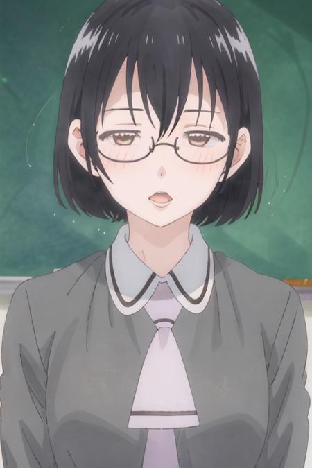 best quality, masterpiece, highres, solo, {kasumi_nomura_asobiasobase:1.15}, black_hair, glasses, short_hair, necktie, brown_eyes, 1girl, opaque_glasses, open_mouth, school_uniform, shirt, collared_shirt, upper_body, white_shirt, bangs, indoors, purple_necktie, chalkboard, classroom, looking_at_viewer