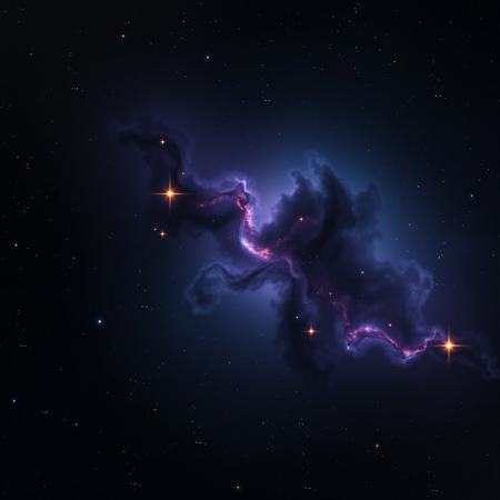 photorealistic dark translucent cosmic nebula in hues of black, blue, purple, and orange, and with 6 diffraction lines on stars