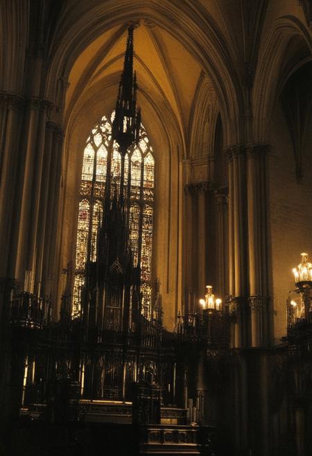 illuminated Photo, close up, no humans, evening with golden hour lighting, professional grade, dark Gothic, Studio lighting. Photo realistic, Natural atmospheric lighting, intricate details, 35mm photograph, film, professional, 32k visuals, highly detailed, elegant, studio quality, cathedral