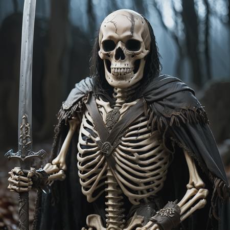 highly detailed cinematic photo of skeleton, 

shield, cloak, cape, holding sword, depth of field, ((night)), crypt, realistic:1.3


depth of field, blurry background, 

masterpiece, best quality:1.1, realistic:1.1,

depth of field:1.1, 
(shadow play:1.3),

