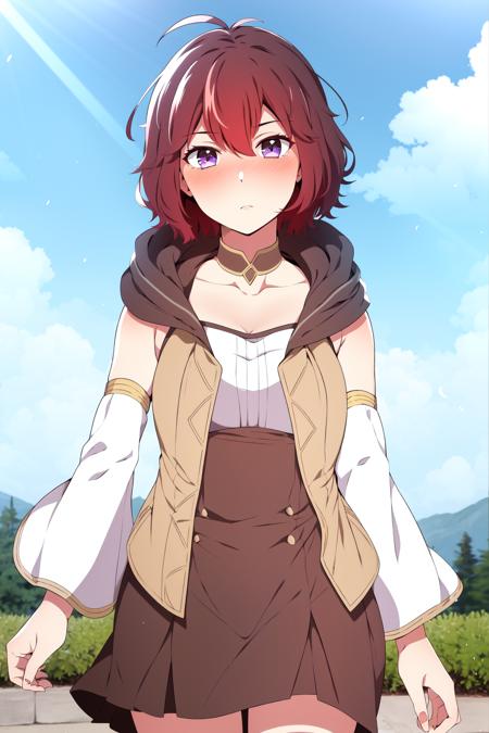 malori, 1girl, red hair, purple eyes, bangs, short hair, brown skirt, hood down, detached sleeves,dress, 