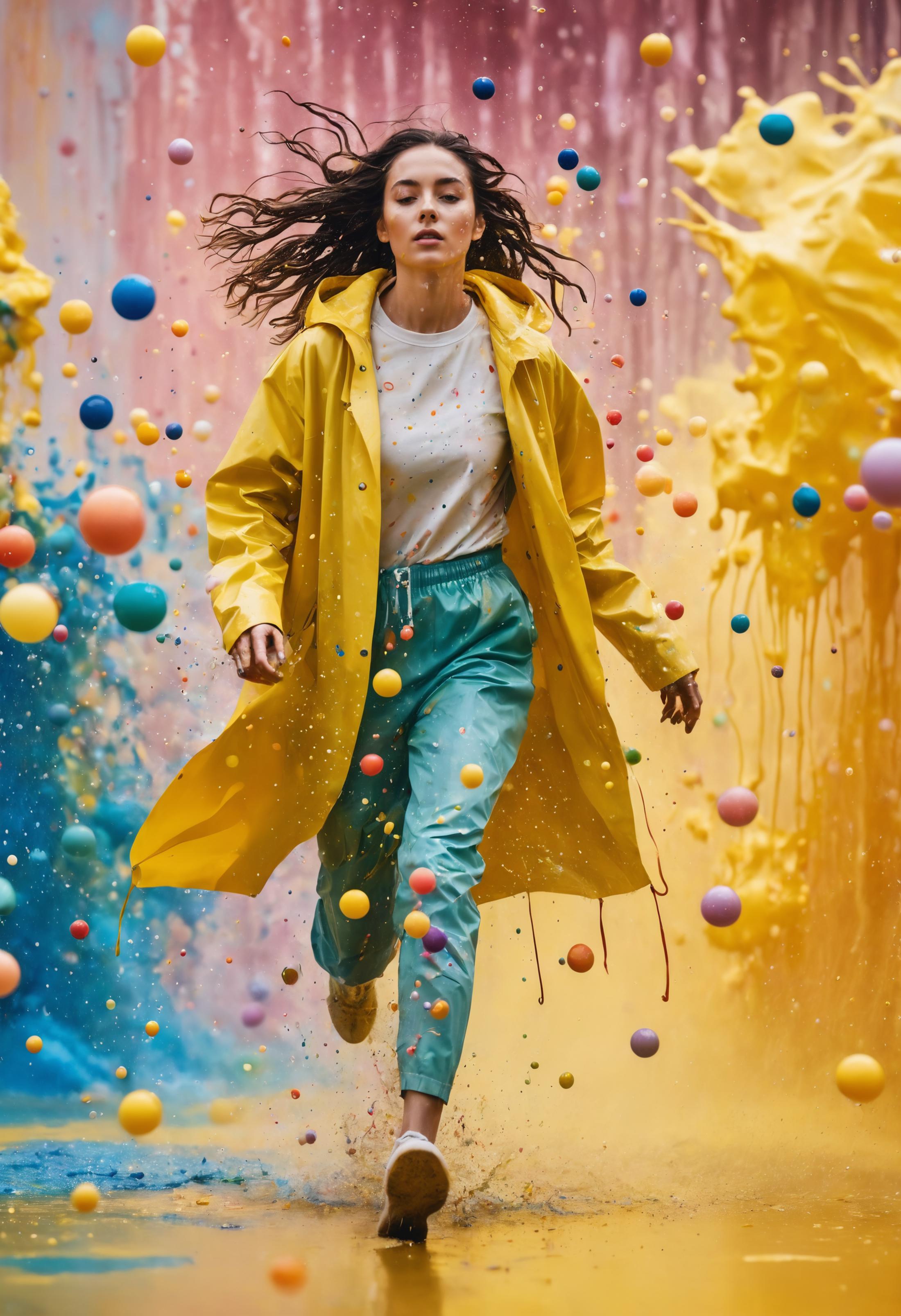 A woman in a yellow coat and blue pants running through a colorful ball pit.