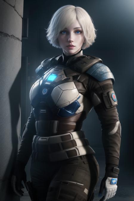 <lora:iana_(rainbow_six):0.8>, iana (rainbow six), masterpiece, best quality, 1girl, solo, realistic, short hair, gloves, emblem, blue eyes, looking at viewer, blonde hair, upper body, white hair, pale skin,